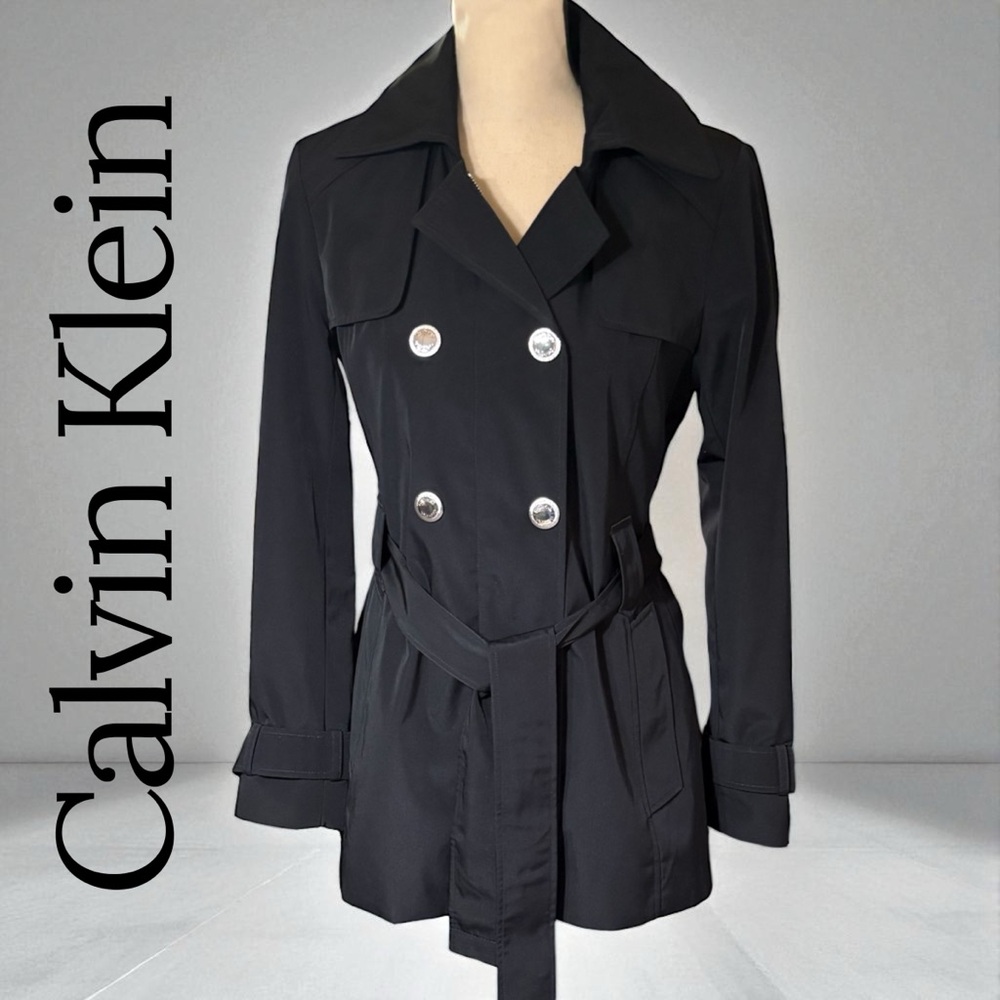Calvin Klein-Classy black trench coat. Size small. Silver details/Hood. Like new - Picture 12 of 16